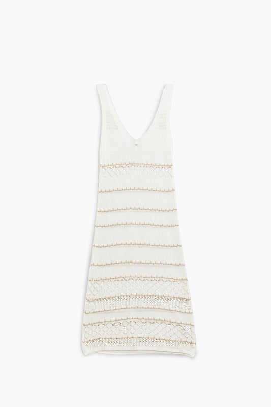 White midi sleeveless dress with v-neck and crochet design | Just Cool Beans — dresses