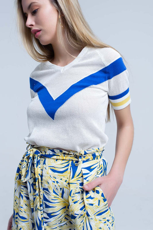White openwork sweater with blue detail | Just Cool Beans — sweaters | tops