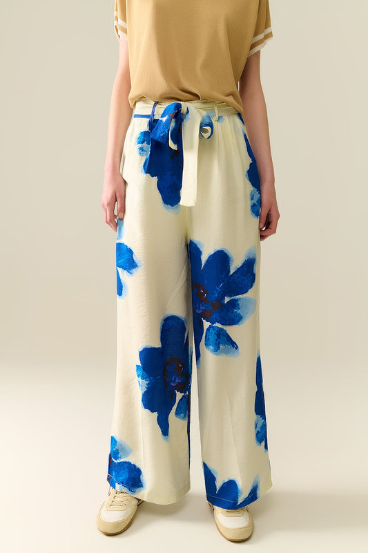 White palazzo pants with blue tropial flower print and matching belt | Just Cool Beans — pants | bottoms