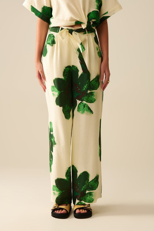 White palazzo pants with green tropial flower print and matching belt | Just Cool Beans — pants | bottoms