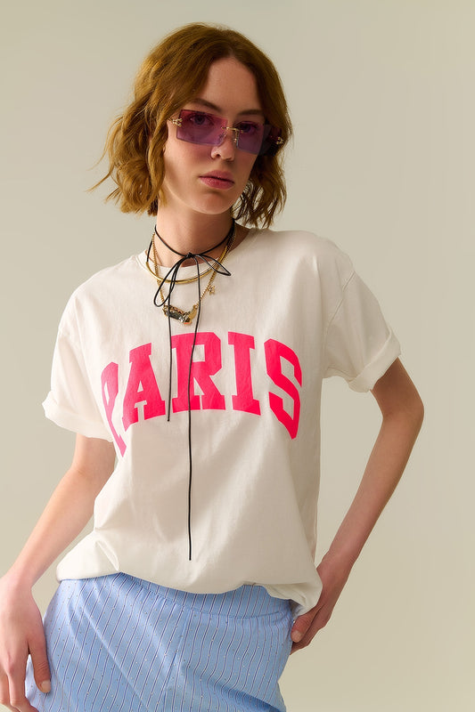 White paris relaxed t-shirt with pink letters | Just Cool Beans — tops