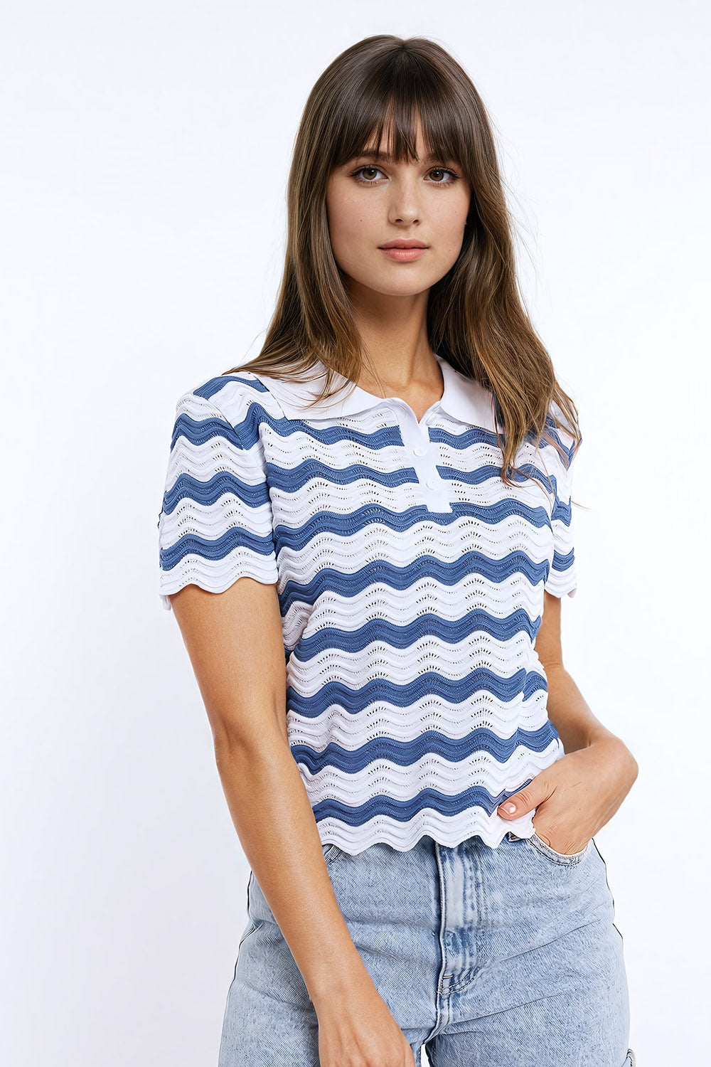 White polo with blue wavy stripes | Just Cool Beans — sweaters | tops