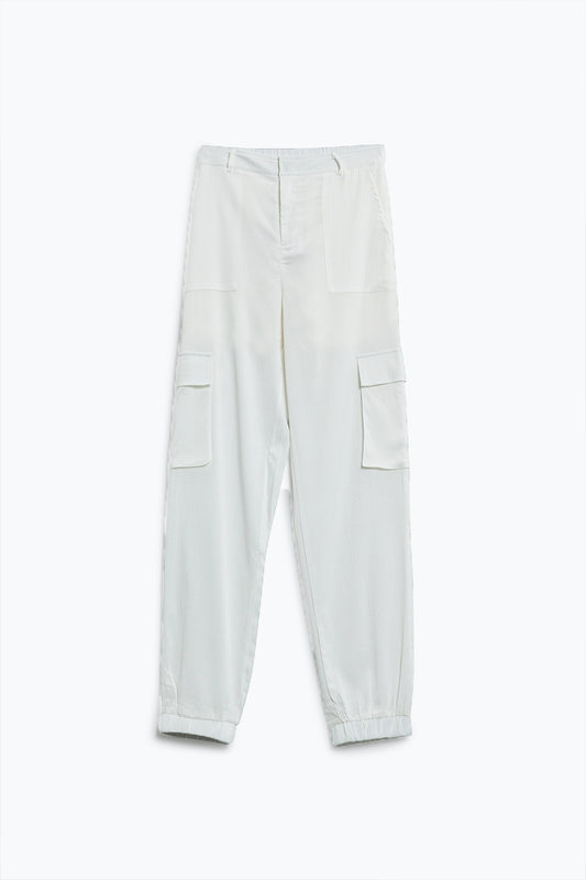 White satin pants with side pockets and belt hoops | Just Cool Beans — pants | bottoms