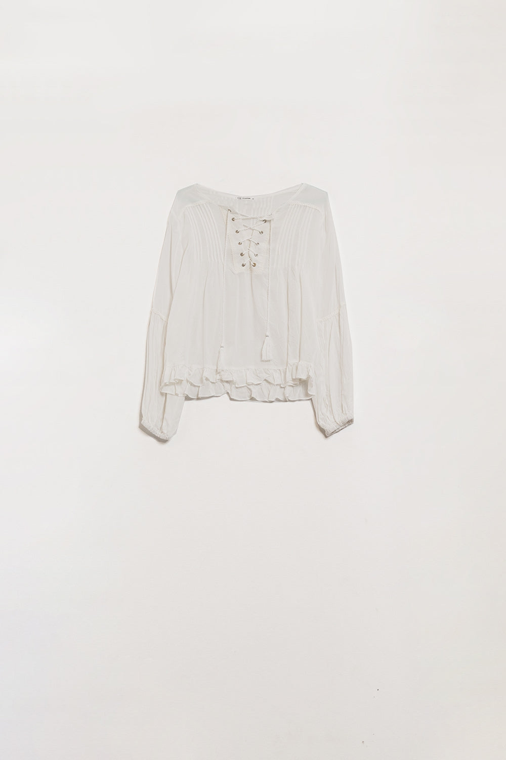 White shirt with tassel ends and cross tie closure | Just Cool Beans — shirts | nan