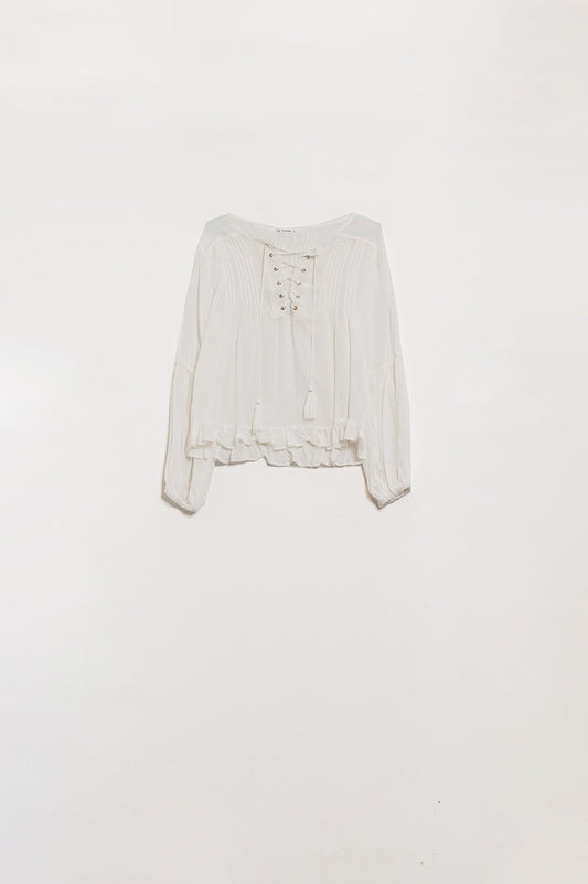 White shirt with tassel ends and cross tie closure | Just Cool Beans — shirts | nan