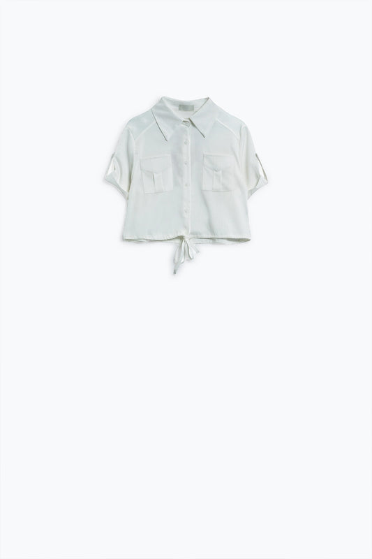 White short satin blouse with chest pockets and drawstrings at bottom | Just Cool Beans — shirts | bottoms