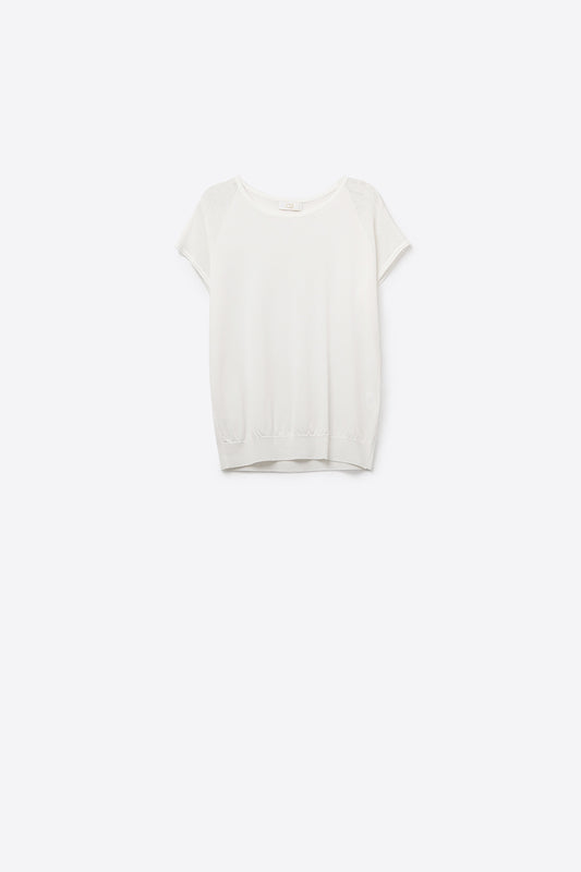 White Short Sleeve Sweater with Knitted Mesh on the Shoulder