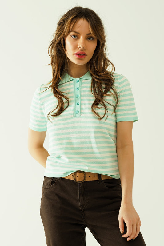 White short sleeves polo shirt with light blue stripes and frontal buttons details | Just Cool Beans — sweaters | bottoms