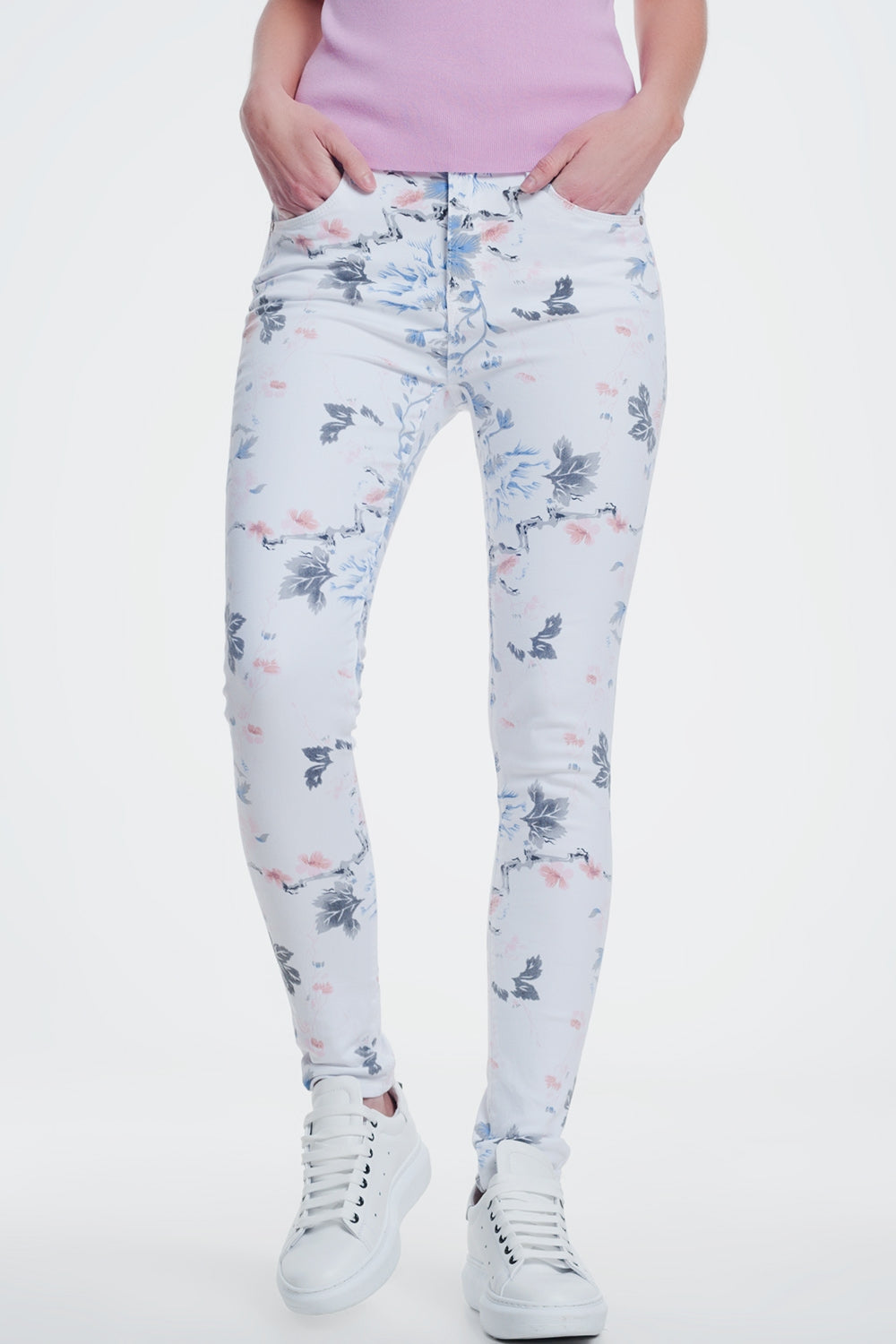 White skinny pants with floral print | Just Cool Beans — jeans | bottoms