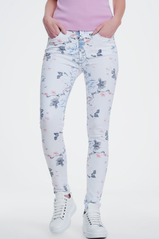 White skinny pants with floral print | Just Cool Beans — jeans | bottoms