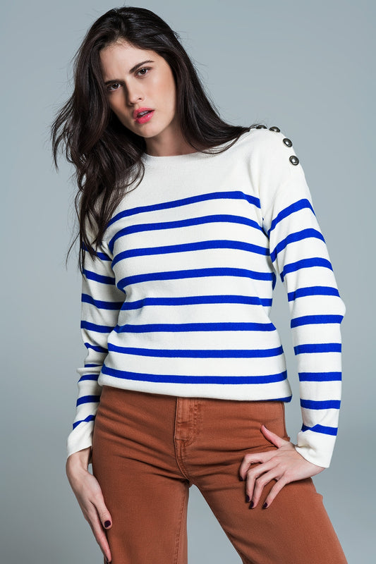 White sweater with buttons on shoulders and blue stripes | Just Cool Beans — sweaters | tops