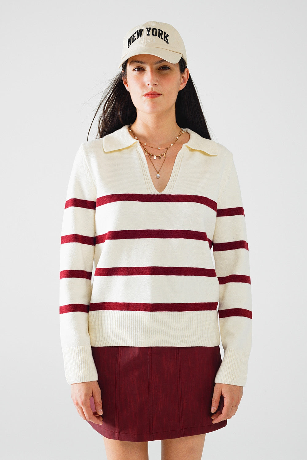 White sweater with dark red stripes and wide v neck | Just Cool Beans — sweaters | tops