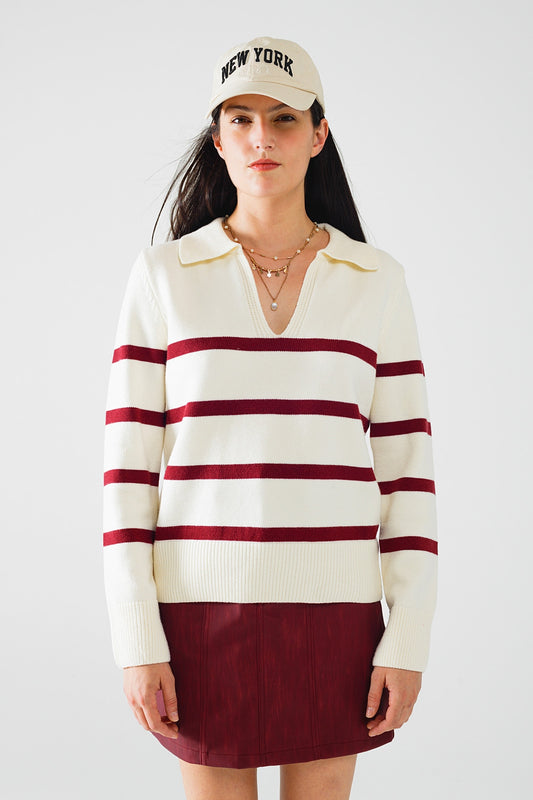 White sweater with dark red stripes and wide v neck | Just Cool Beans — sweaters | tops