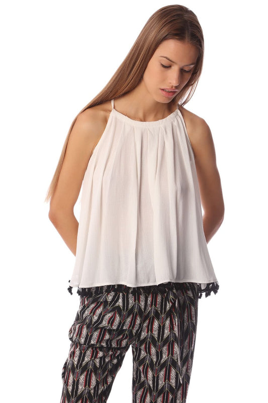 White swing top with pom pom hem detail | Just Cool Beans — shirts | tops