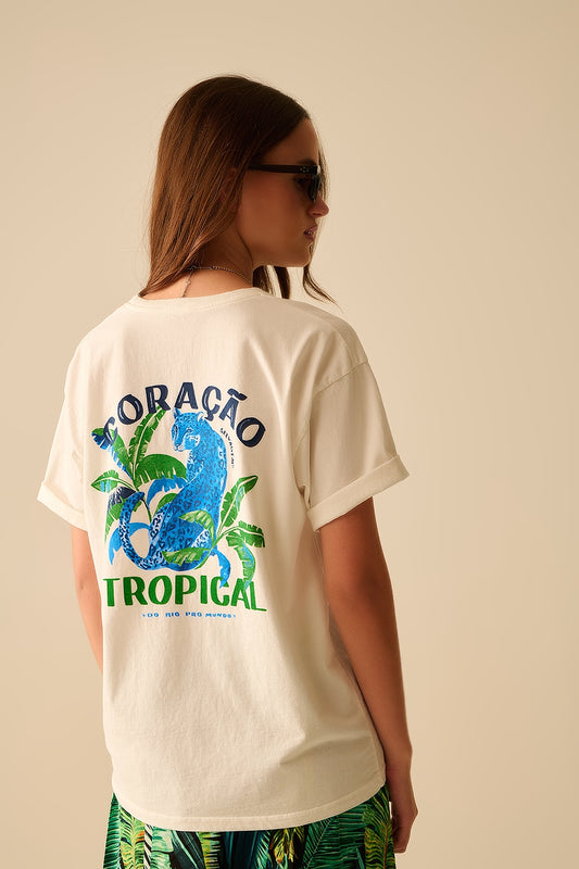 White t-shirt made in italy with tropical graphic print | Just Cool Beans — tops