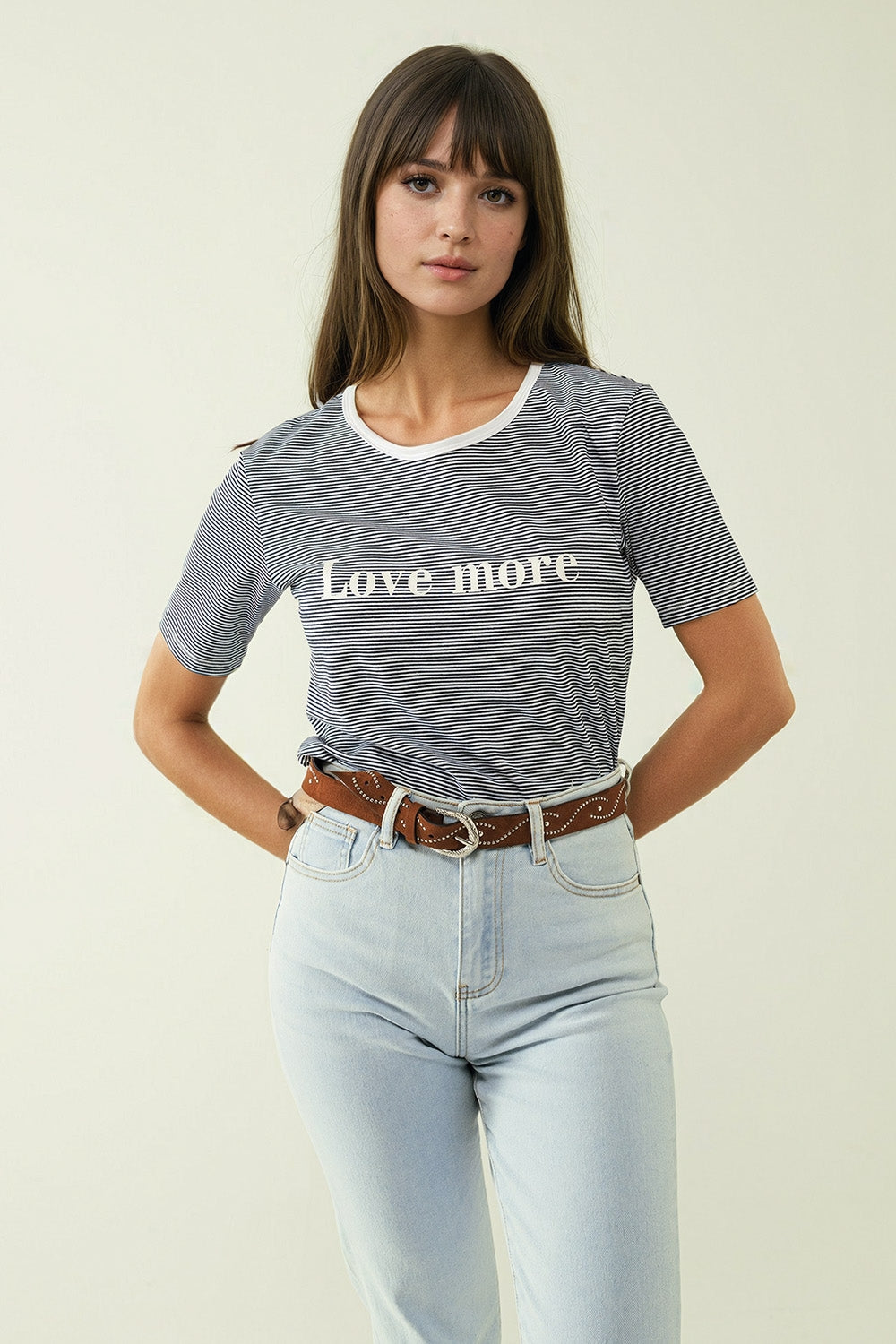 White t-shirt with black stripes and love more texted | Just Cool Beans — tops