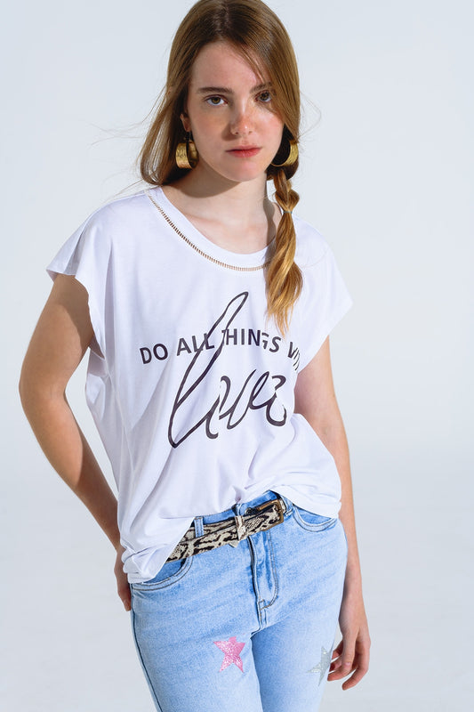 White t-shirt with black text at the front and trim at the neck | Just Cool Beans — tops
