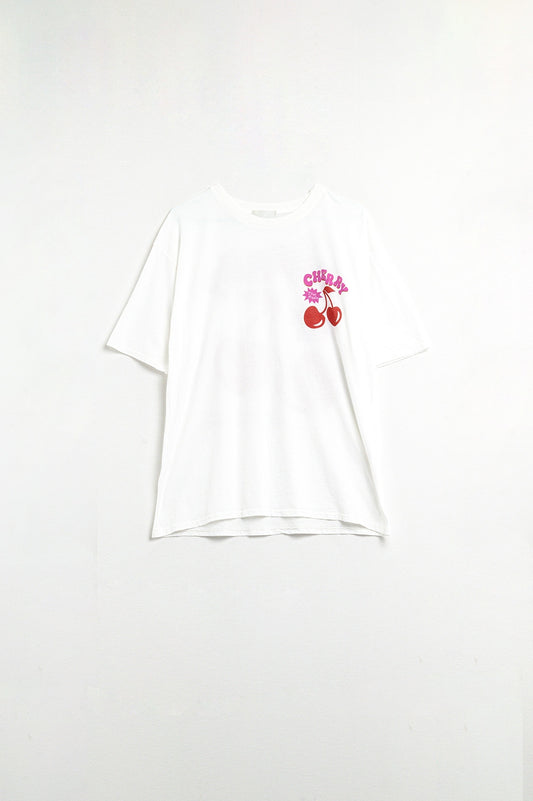 White t-shirt with cherry in logo and letters | Just Cool Beans — tops