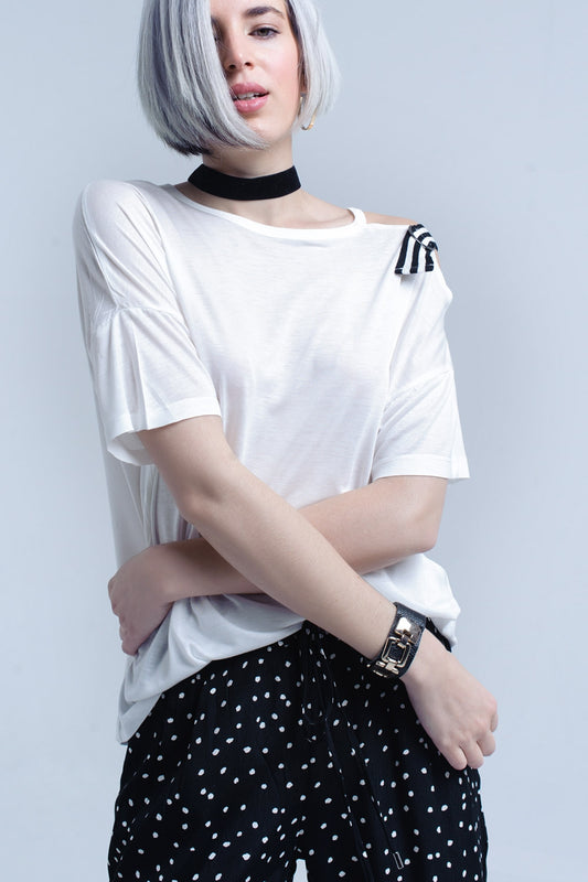 White t-shirt with one open shoulder | Just Cool Beans — tops