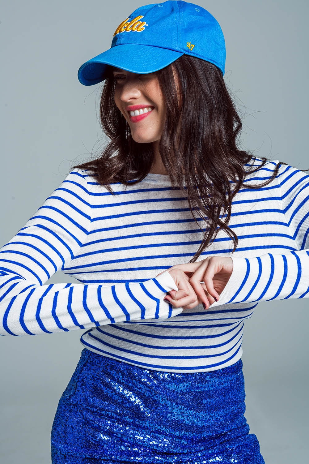 White thin sweater with blue stripes | Just Cool Beans — sweaters | tops