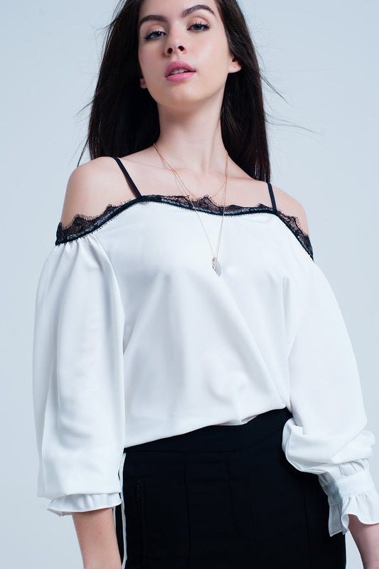 White top with black lace and bare shoulders | Just Cool Beans — shirts | tops