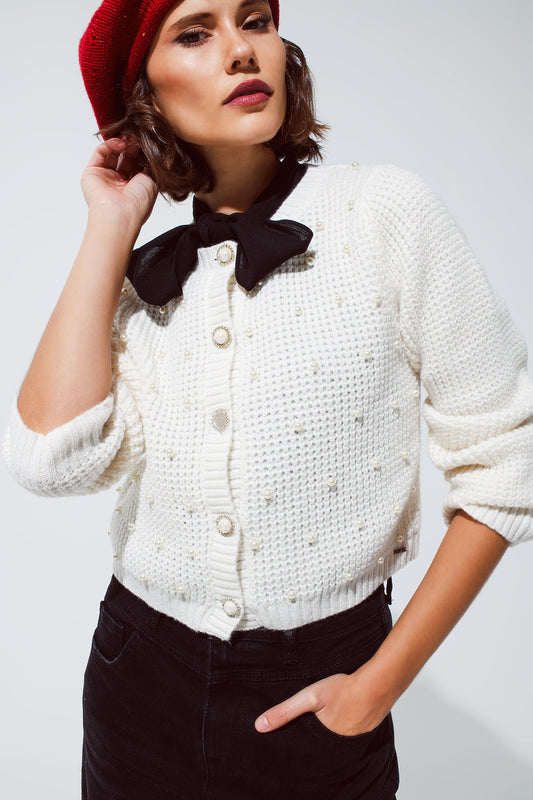 White waffle knit cardigan with embellished pearls and jewelled buttons in white | Just Cool Beans — sweaters | tops