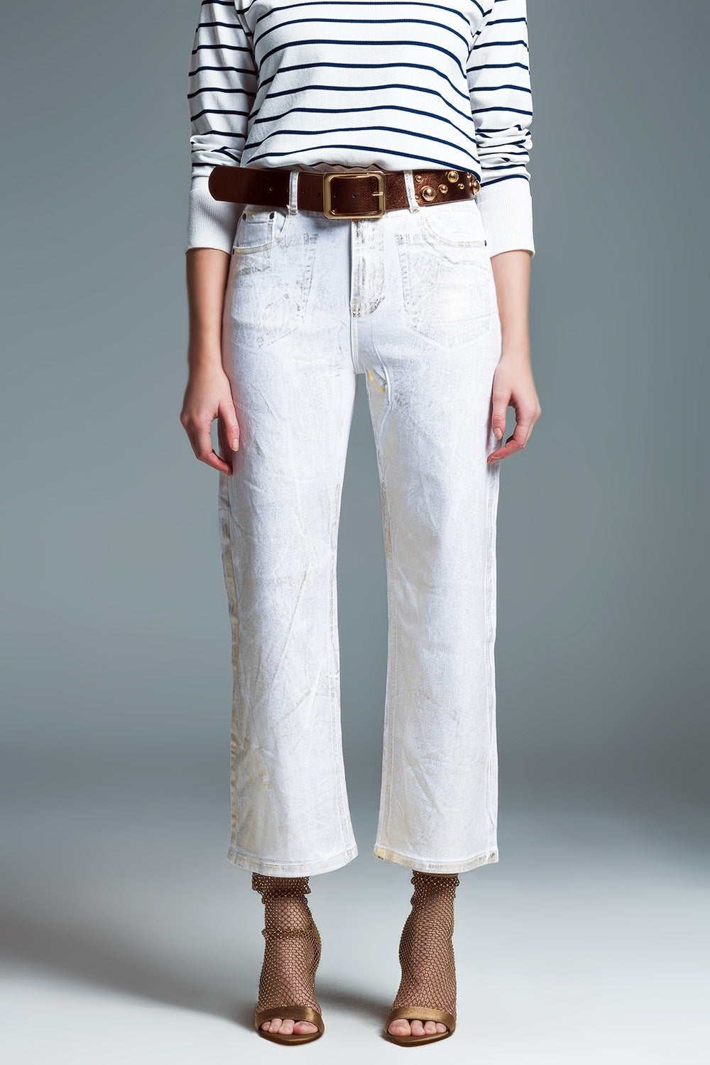 White wide leg jeans with metallic finish in gold | Just Cool Beans — jeans | the denim shop