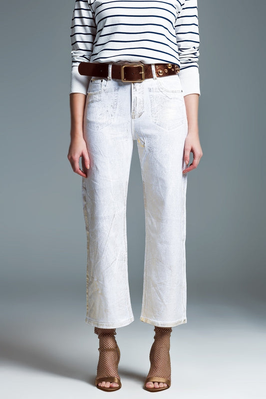 White wide leg jeans with metallic finish in gold | Just Cool Beans — jeans | the denim shop