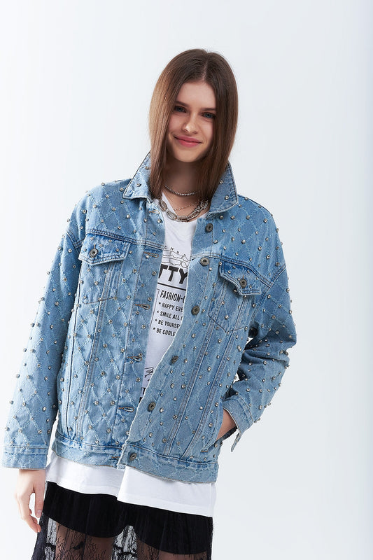 Wide denim jacket with rhinestones in a diamond pattern | Just Cool Beans — coats and jackets | jackets