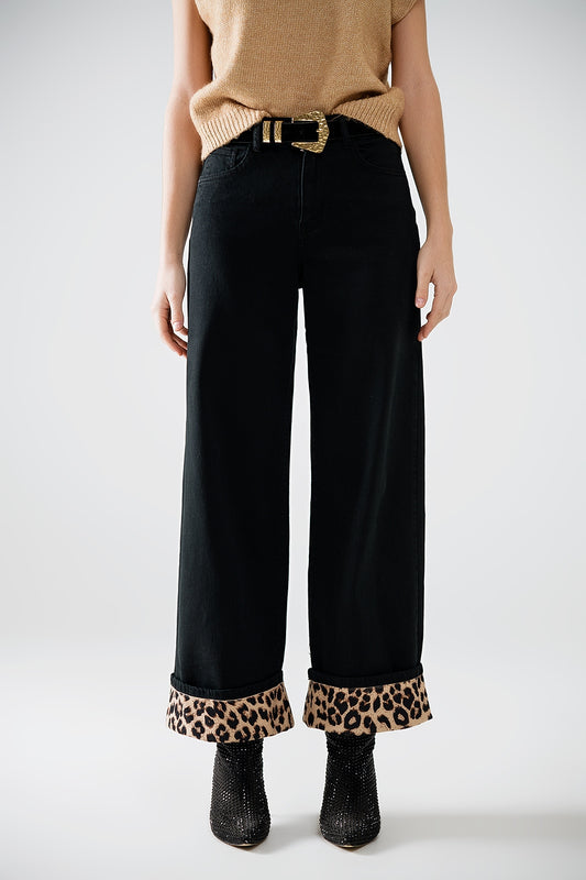 Wide leg black pants with leopard print at the bottom | Just Cool Beans — jeans | bottoms