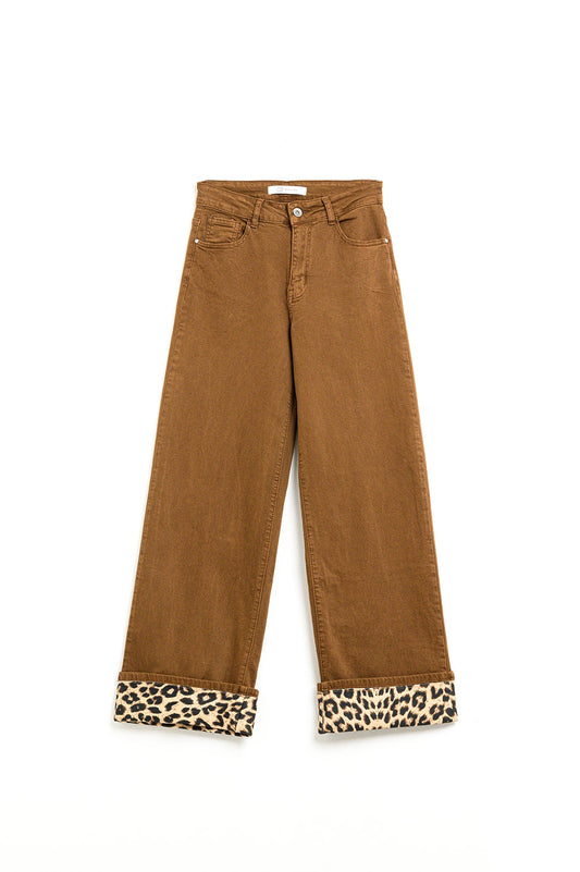Wide leg camel pants with leopard print at the bottom | Just Cool Beans — jeans | bottoms