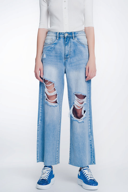 Wide leg cropped raw hem jeans in light blue | Just Cool Beans — jeans | tops