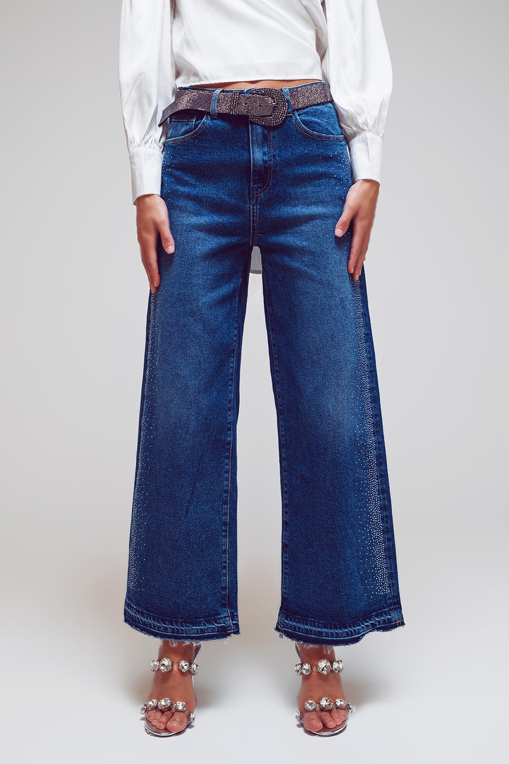 Wide leg jeans with diamante details on the side in mid wash | Just Cool Beans — jeans | the denim shop