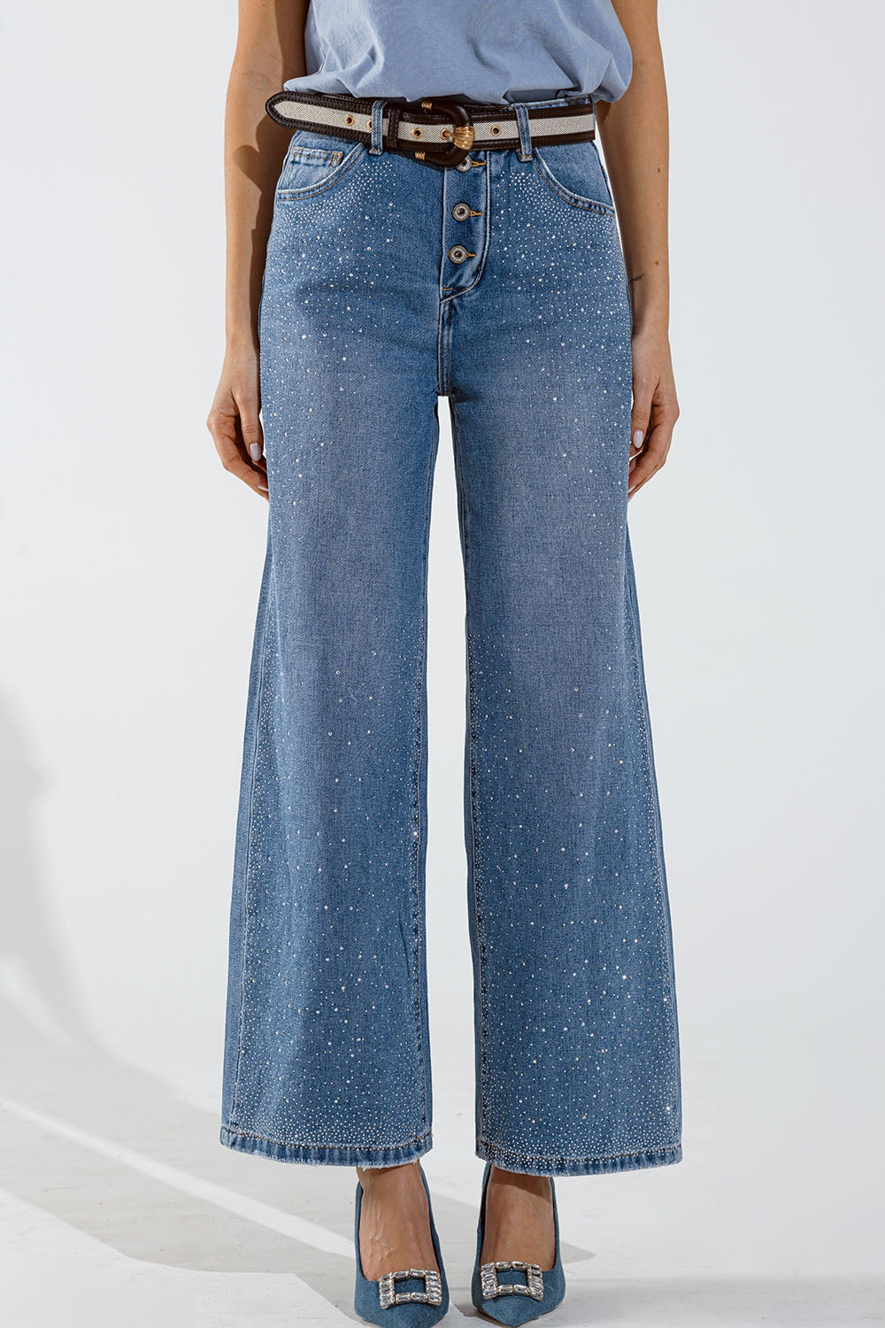 Wide leg jeans with exposed buttons and stras details in mid wash | Just Cool Beans — jeans | the denim shop