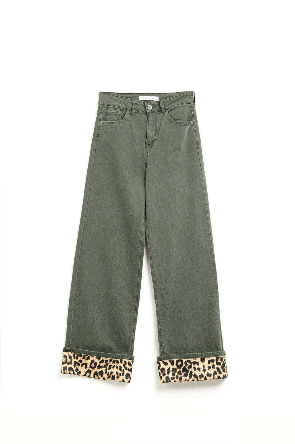 Wide leg military green pants with leopard print at the bottom | Just Cool Beans — jeans | bottoms