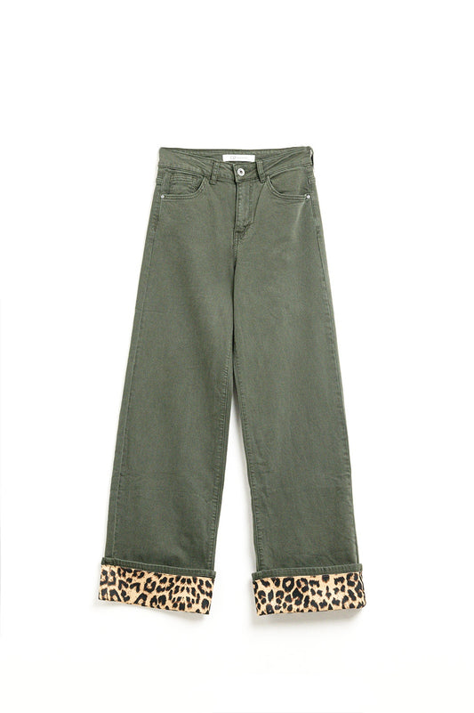 Wide leg military green pants with leopard print at the bottom | Just Cool Beans — jeans | bottoms