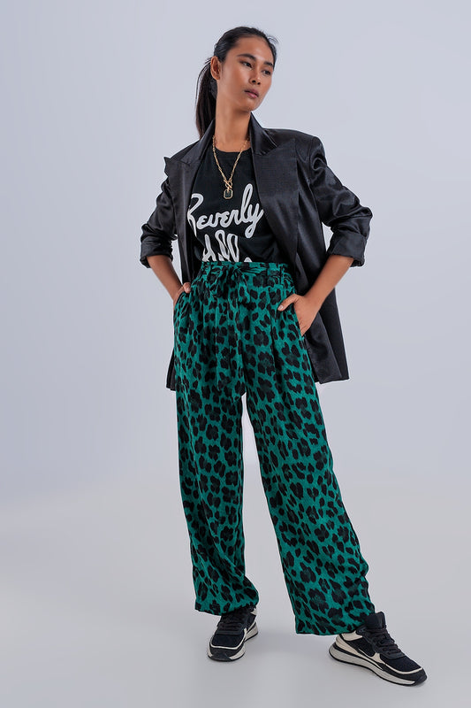 Wide leg pants in green leopard print | Just Cool Beans — pants | bottoms