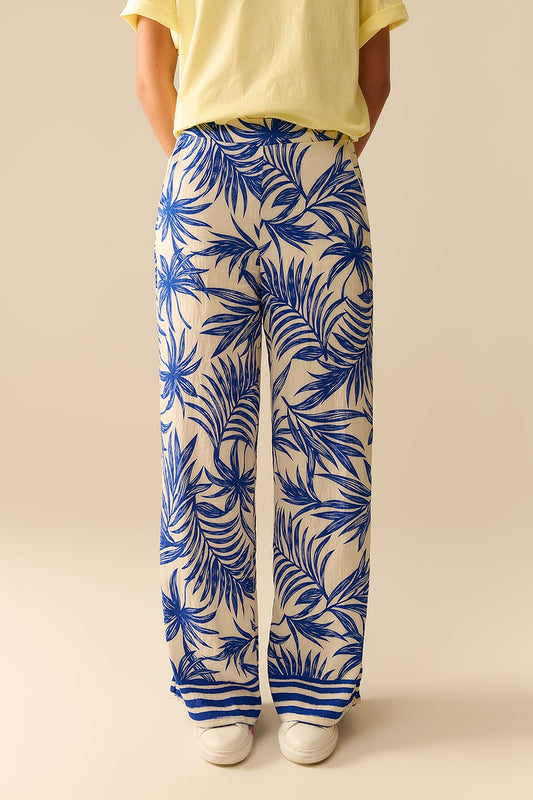 Wide leg pants in white with tropical print in blue | Just Cool Beans — pants | bottoms