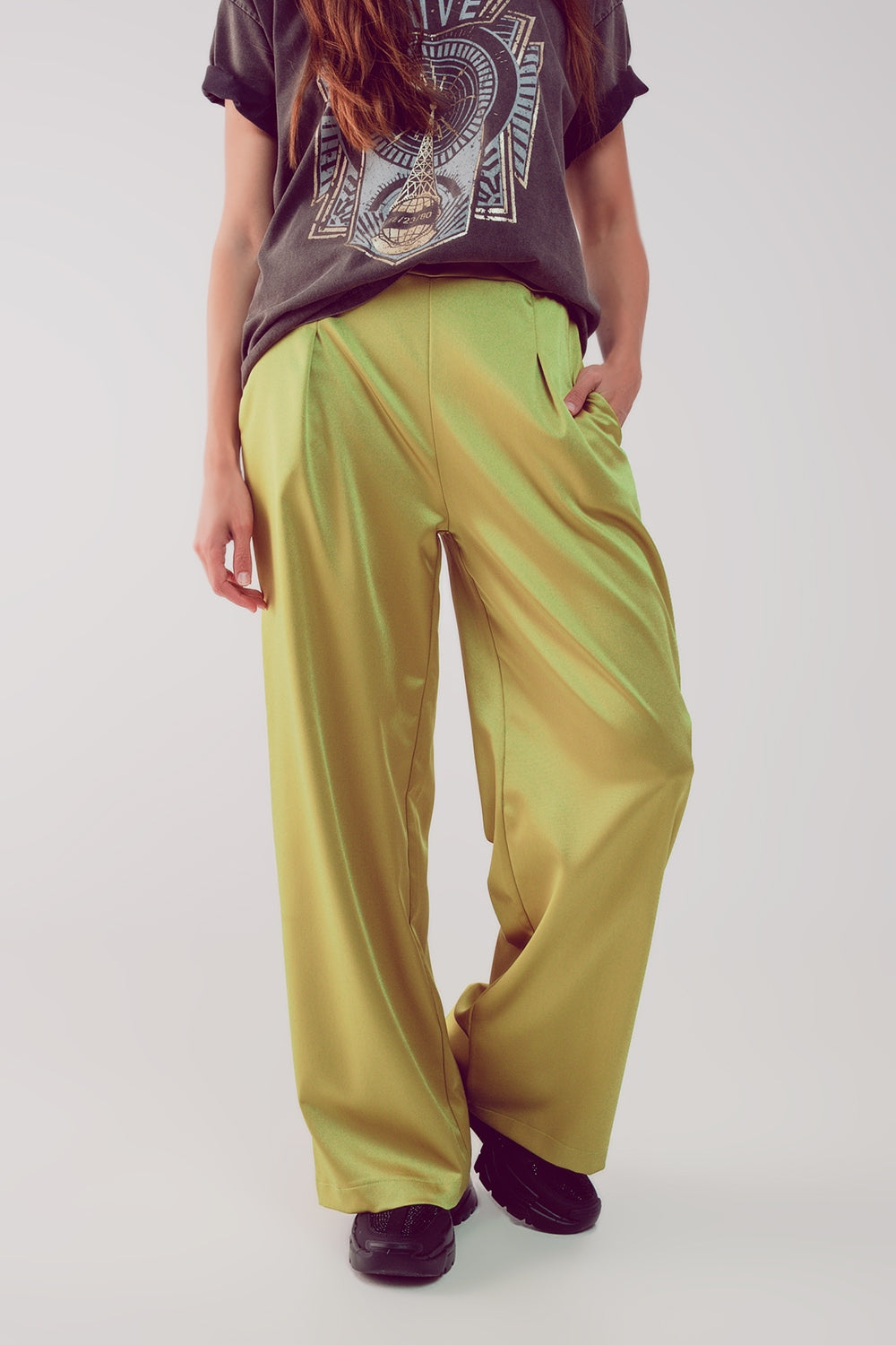 Wide leg satin pants in acid lime | Just Cool Beans — pants | bottoms