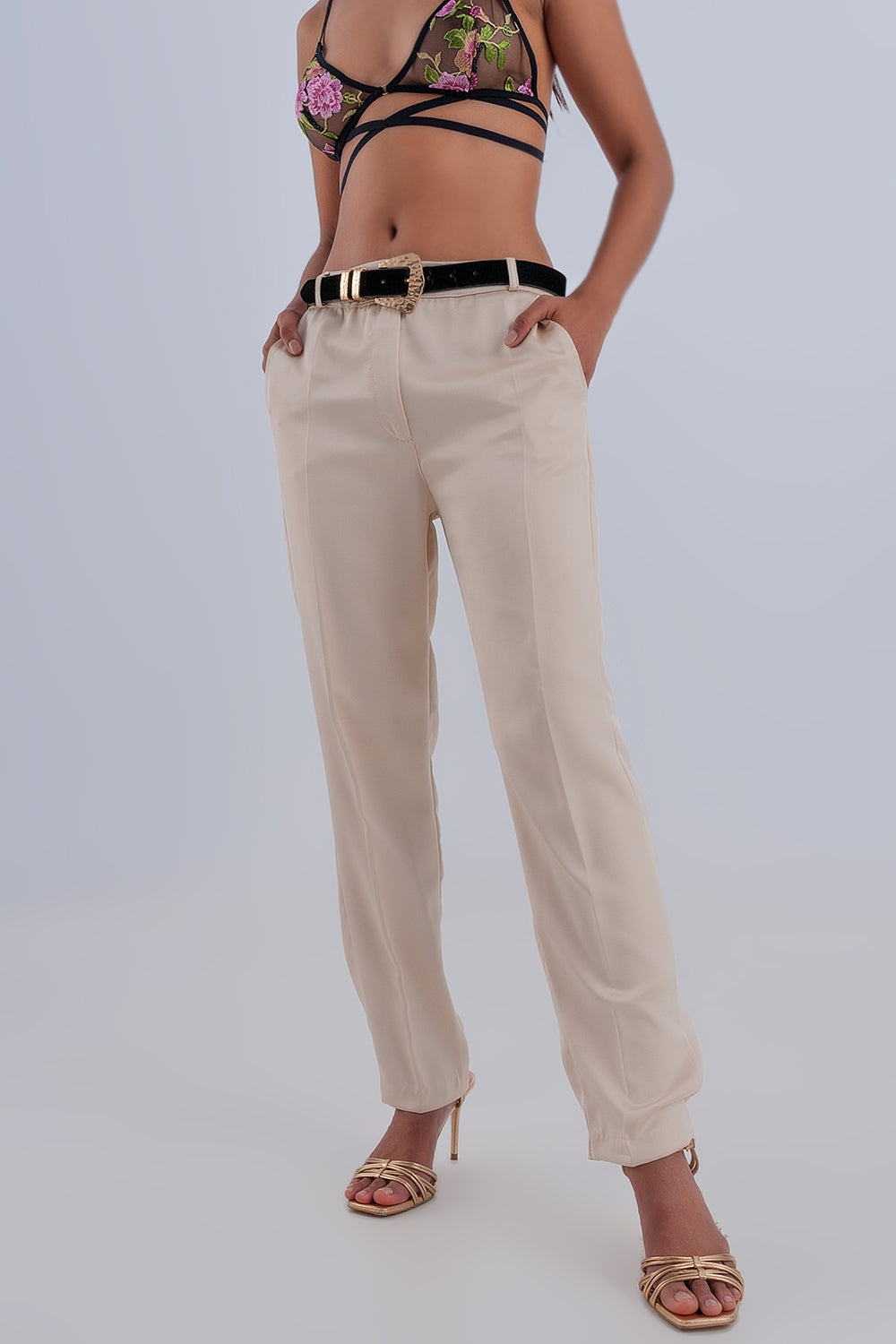 Wide leg satin pants in beige | Just Cool Beans — pants | bottoms