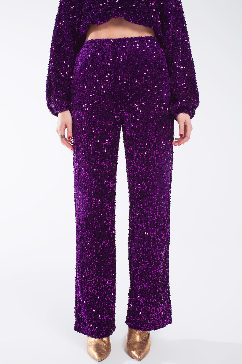 Wide leg sequin pants with side pockets in purple | Just Cool Beans — pants | bottoms