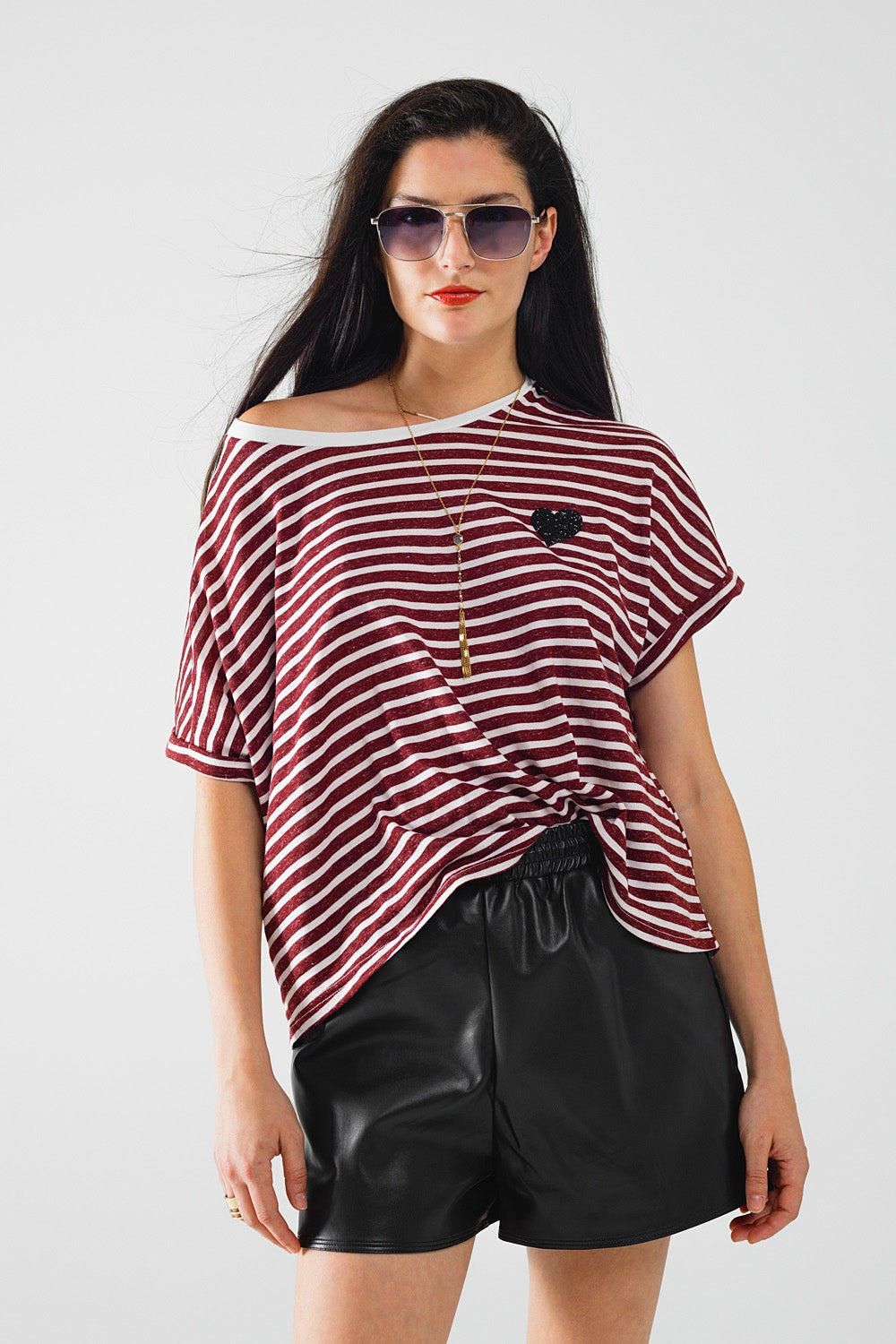 Wide striped burgundy t-shirt with sequin heart decoration | Just Cool Beans — tops