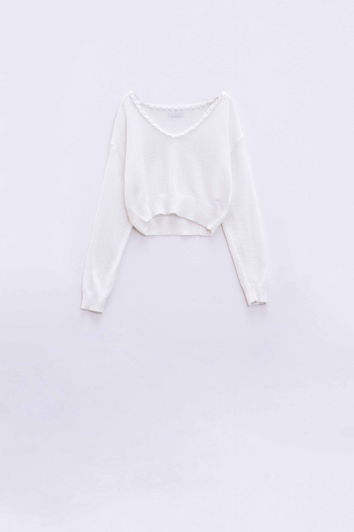 Wide v-neck cream sweater with braided detail | Just Cool Beans — sweaters | tops