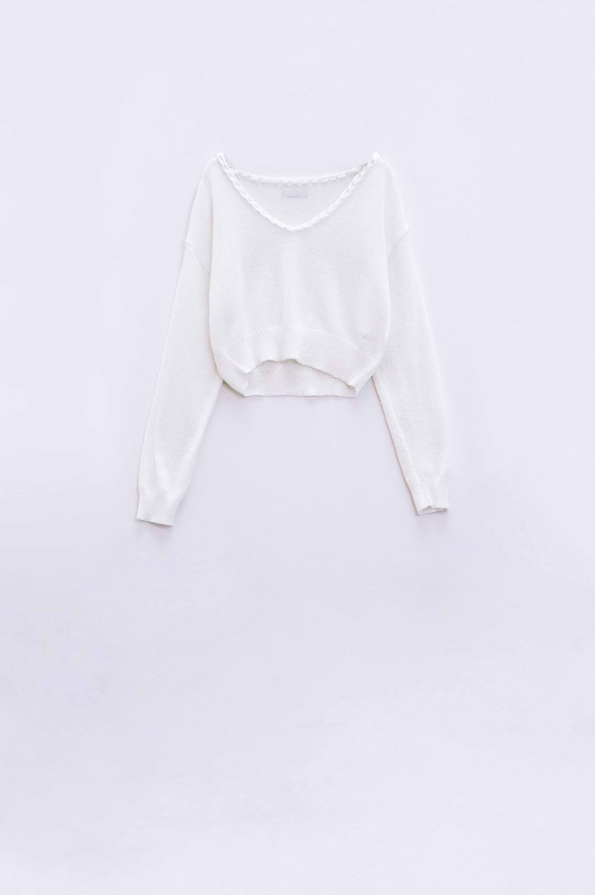 Wide v-neck cream sweater with braided detail | Just Cool Beans — sweaters | tops