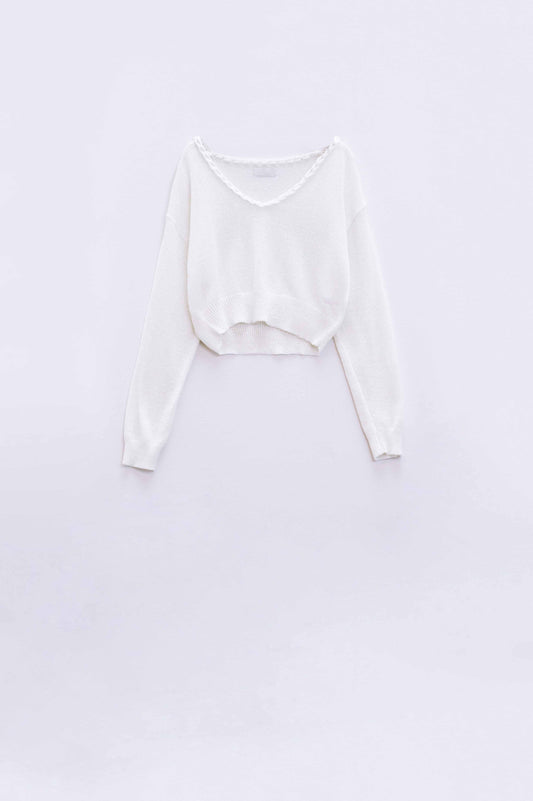 Wide v-neck cream sweater with braided detail | Just Cool Beans — sweaters | tops