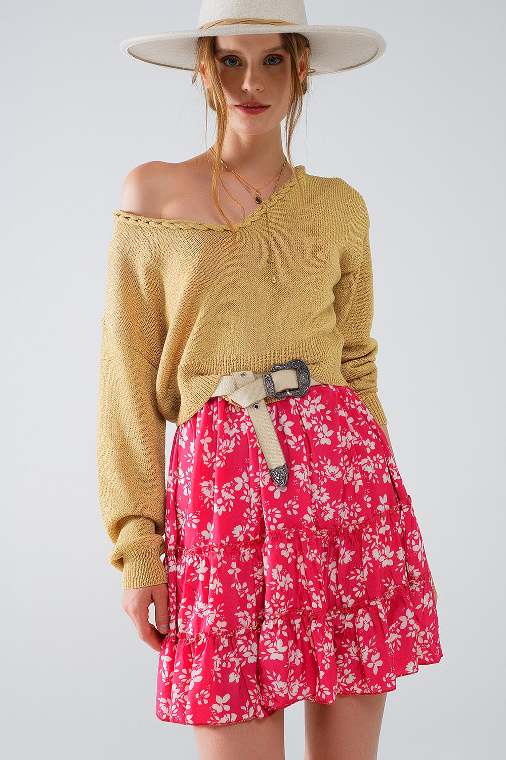 Wide v-neck light sweater with braided detail in gold | Just Cool Beans — sweaters | tops