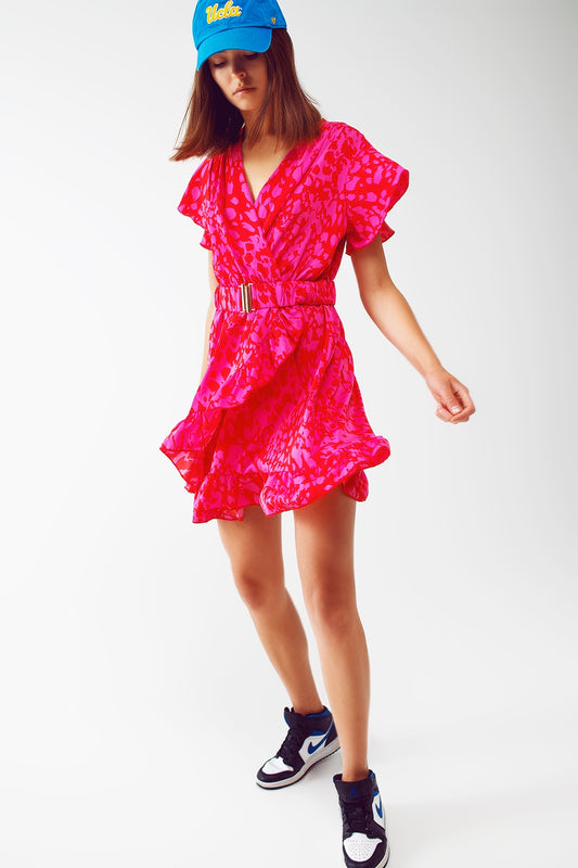 Wrap belted animal print mini dress in fuchsia | Just Cool Beans — dresses