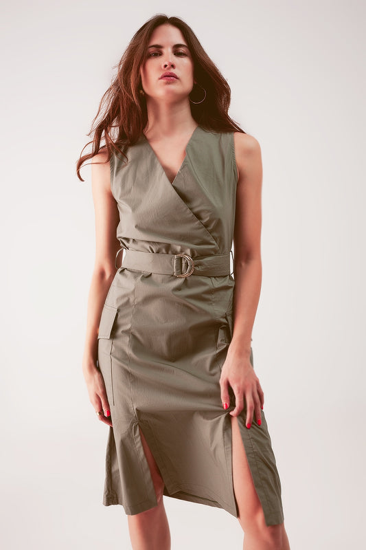 Wrap dress with tie waist detail in khaki | Just Cool Beans — dresses