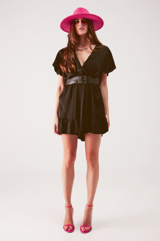 Wrap front frill hem jumpsuit in black | Just Cool Beans — dresses