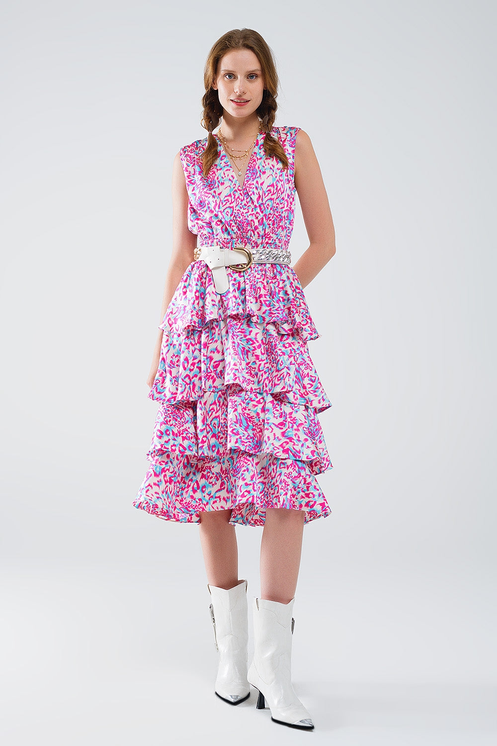 Wrap front midid dress with tiered skirt in multicolor animal print | Just Cool Beans — dresses